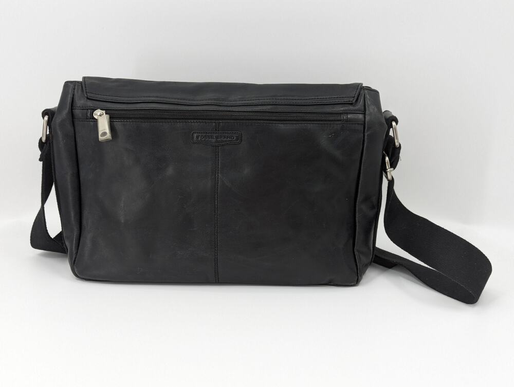 Fossil Vintage Black Leather Briefcase Messenger Computer Laptop Bag